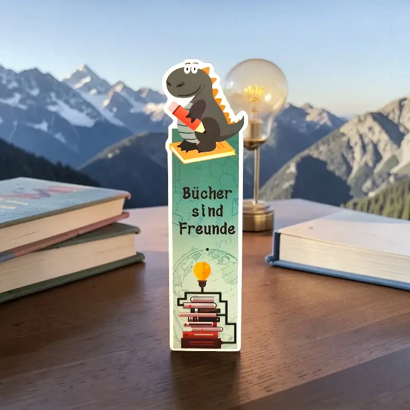 dínó mintás német motivációs könyvjelző „Bücher sind Freunde” idézettel