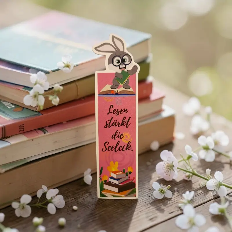 nyuszi mintás német motivációs könyvjelző „Lesen stärkt die Seele” felirattal