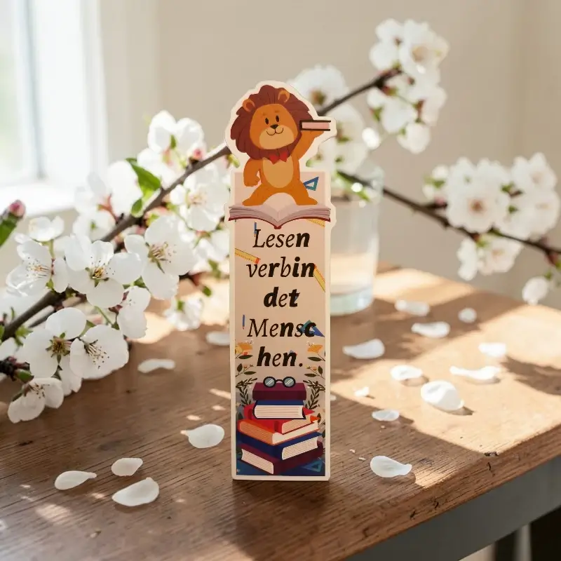 oroszlán mintás német motivációs könyvjelző „Lesen verbindet Menschen” idézettel